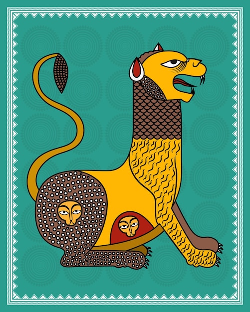 Vector royal majesty gond art depicting graceful female lion gond art wildlife illustration female lion