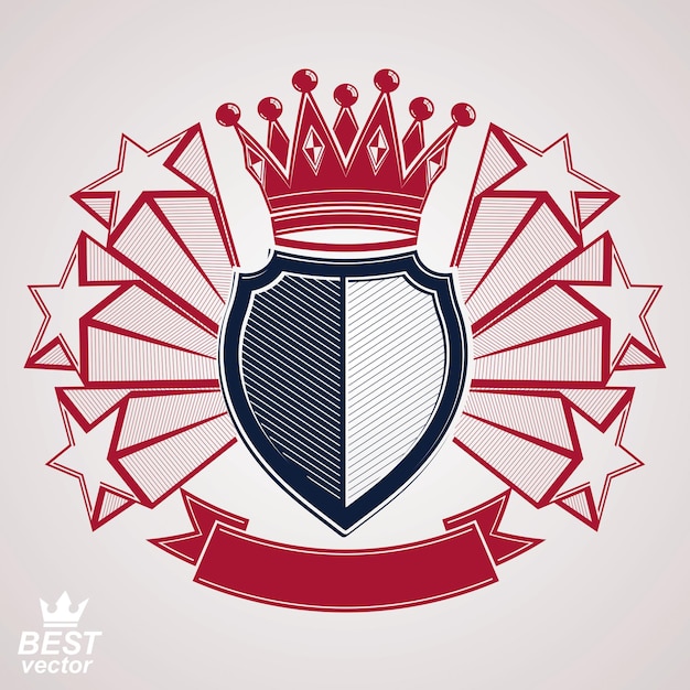 Royal stylized vector graphic symbol. Shield with 3d flying stars and imperial crown. Clear eps8 coat of arms – security idea. Sophisticated coronet, web design blazon.