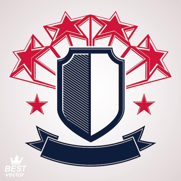 Royal stylized vector graphic symbol. Shield with 3d stars and decorative red ribbon. Clear eps8 coat of arms – military and protection idea.