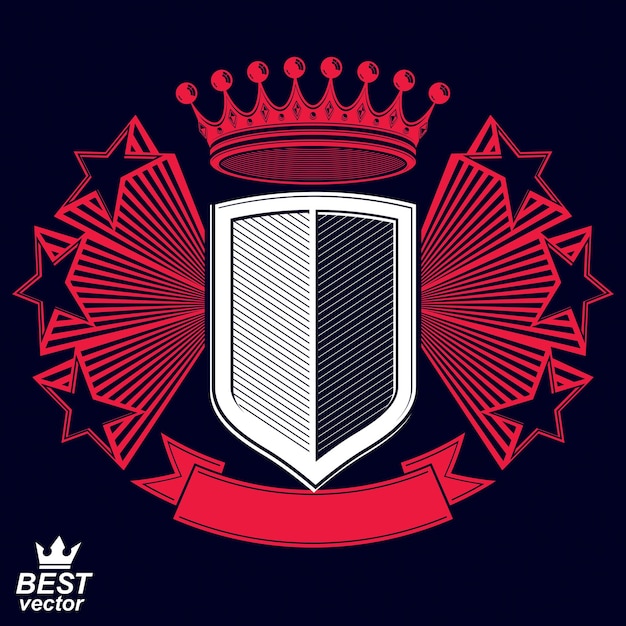 Royal stylized vector graphic symbol. Shield with 3d stars and decorative red ribbon. Clear eps8 coat of arms – military and protection idea.