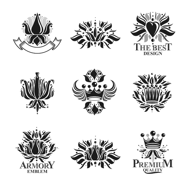 Royal symbols, Flowers, floral and crowns, emblems set. Heraldic vector design elements collection. Retro style label, heraldry logo.