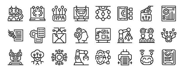 RPA icons set outline vector Robotic process