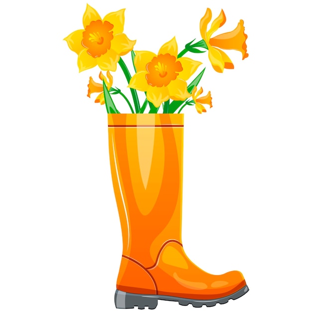 Rubber boot with daffodils Cute rain boot with flower plants cartoon spring vector illustration