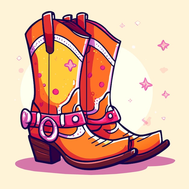 Rubber boots retro cowgirl hand drawn flat stylish cartoon sticker icon concept isolated