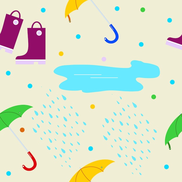 Rubber boots and umbrella in rainy weather puddle raindrops seamless pattern