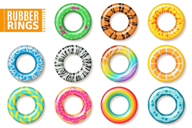 Rubber rings. Swimming inflatable kids toys, float colorful lifesaver ring. Realistic set