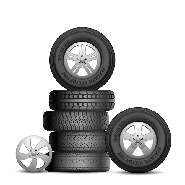 Vector rubber tires. isolated realistic car wheels. aito service, tire repair