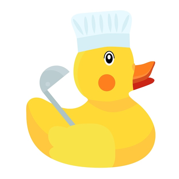 Rubber yellow duck cook in a cap and with a ladle