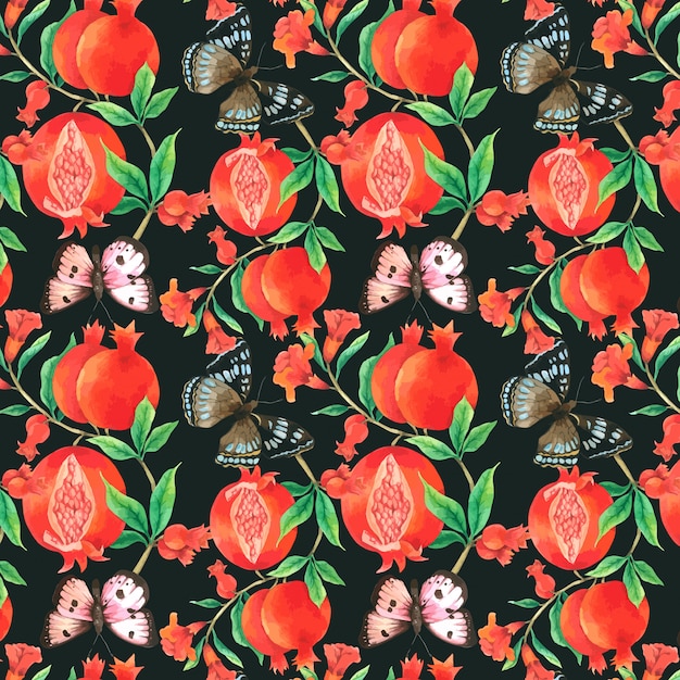 Ruby and Butterfly Seamless Pattern in watercolor