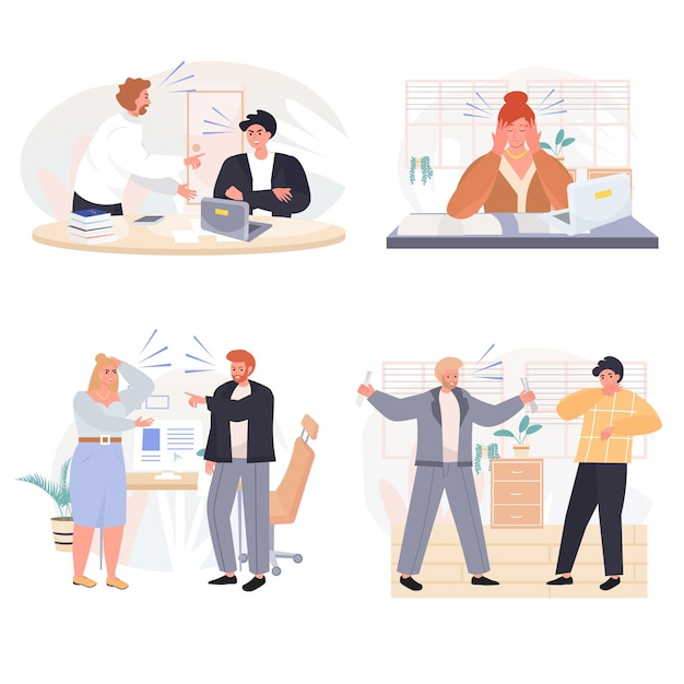 Rudeness in business team concept scenes set vector illustration of characters