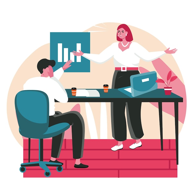 Rudeness in a business team scene concept. Woman boss yells at employee, sad man suffers from abuse in workplace. Stress office work people activities. Vector illustration of characters in flat design