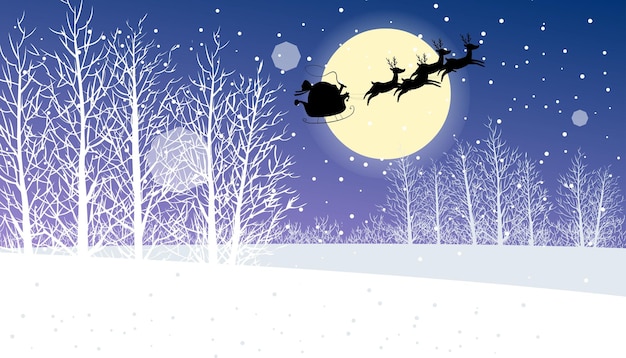 Rudolph and Santa's sleigh flying through the winter night sky