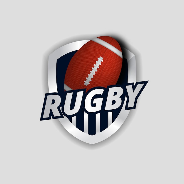 Rugby or american football sporty emblem shield logo for strong and 3d oval ball realistic for team, club, university