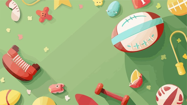 Rugby Ball with Toys on Color Background Vector Style