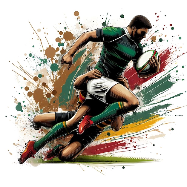 Vector rugby player in action sprinting with intense energy and colorful splashes