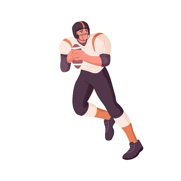 Rugby player holding caught grabbed ball in hands and running American football athlete during sports game activity Man in helmet playing Flat vector illustration isolated on white background