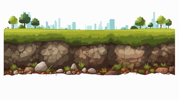 Vector rugged ground cross section with stony soil green grass and stones