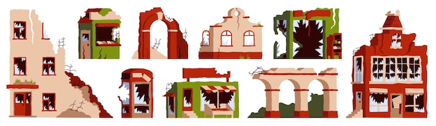 Ruined building Cartoon collapsed broken and abandoned city constructions destroyed houses and property Vector isolated set