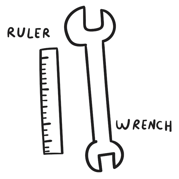 Ruler and wrench. Outline icons. Vector hand drawn illustration on white background.