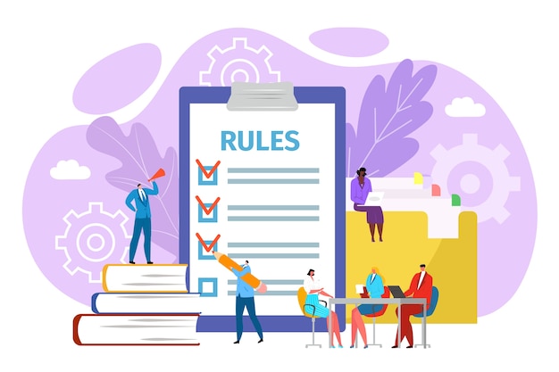 Rules in office concept,  illustration. Legal law corporate regulation. Businessman compliance and policy management. Agreements and principles of work, rules in office.