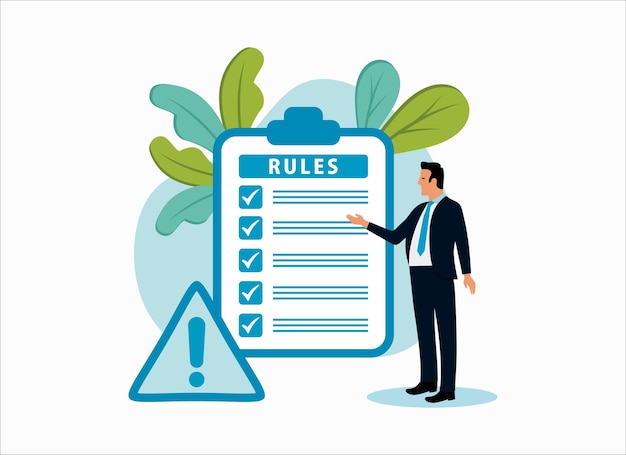 Rules and regulations policy and guideline for employee to follow businessman finish writing rules and regulations document Modern Flat Illustration