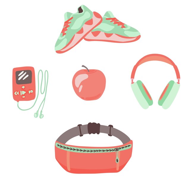 Vector run running flat design set with snickers apple phones