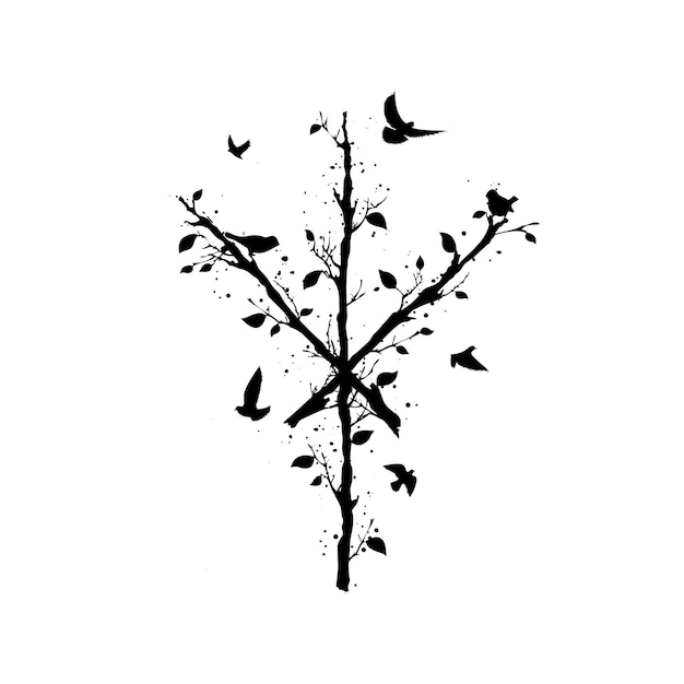 Rune with tree branches and birds