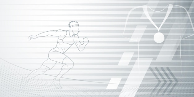 Runner themed background in gray tones with abstract lines and dots with sport symbols such as a male athlete and a medal