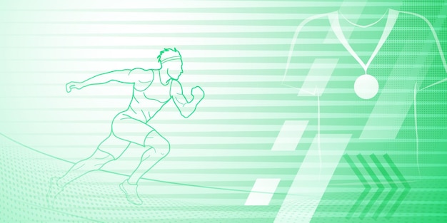 Runner themed background in green tones with abstract lines and dots with sport symbols such as a male athlete and a medal