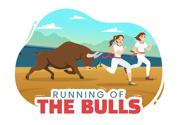 Running of the Bulls Illustration with Bullfighting Show in Arena in Cartoon Hand Drawn Template