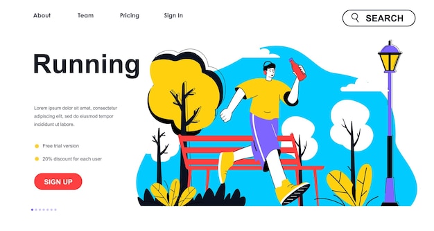 Running concept for landing page template Man running in park marathon training Outdoor cardio workout sport activity people scene Vector illustration with flat character design for web banner