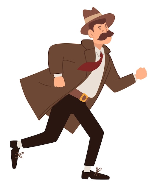 Running detective or inspector, chasing for suspect. Male personage from past on mission. Profession of agent of police. Job of gentleman. Vintage and old fashioned character, vector in flat style