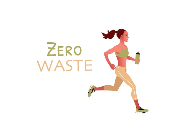 Running girl. Zero waste or ecology concept Bottle of water. Hand drawn illustration