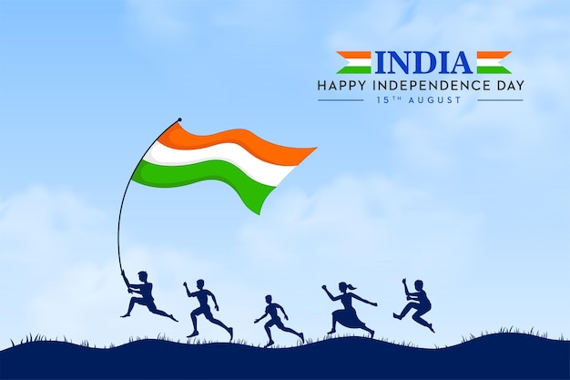 Running kids holding Indian trio color Indian flag Happy Independence day