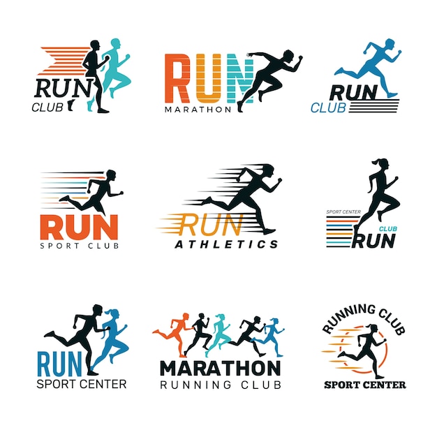 Running logo. Marathon club badges sport symbols shoe and legs jumping running people vector collection. Sport speed, fitness runner distance, club run illustration