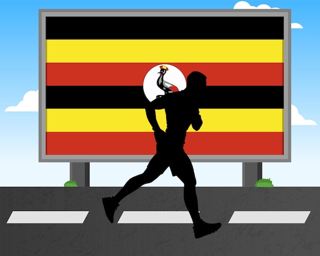 Running man silhouette with Uganda flag on billboard olympic games or marathon competition