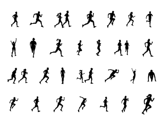 Running people silhouettes collection, Running man and woman silhouettes.