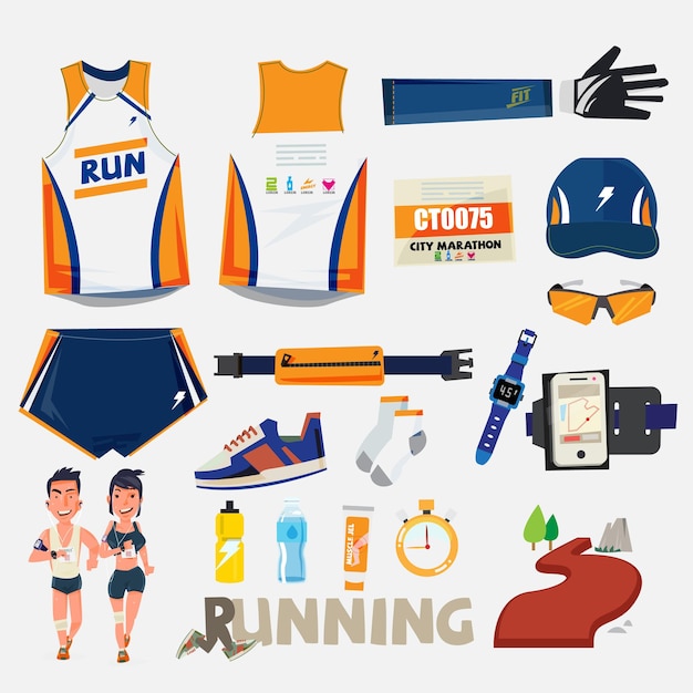 Running sport with equipment set - vector