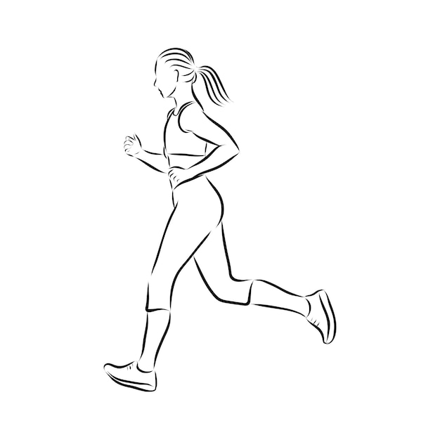 Running woman silhouette, outlined vector sketch, fitness concept