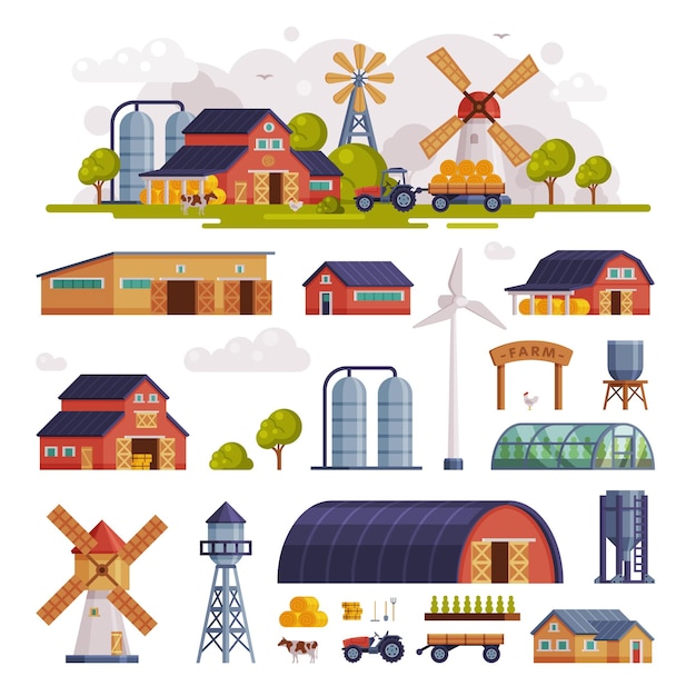 Vector rural buildings and agricultural objects set summer farm scene agriculture and farming concept cartoon vector illustration