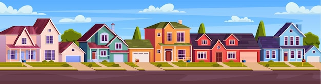 Rural cottages, suburban street with modern buildings with garages and green trees. Home facades withasphalt road in front of yards. Vector illustration in flat style