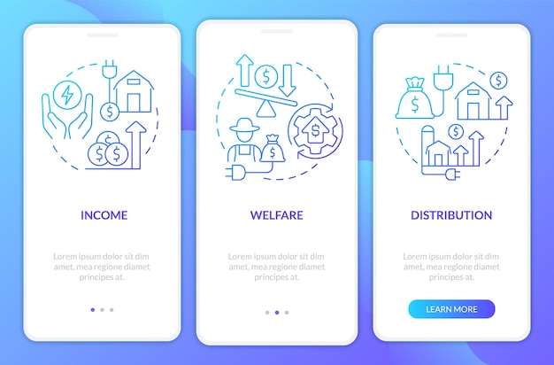 Rural electrification impact blue gradient onboarding mobile app screen Walkthrough 3 steps graphic instructions pages with linear concepts UI UX GUI template Myriad ProBold Regular fonts used