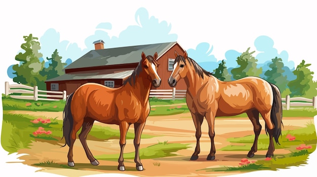 Vector rural farm scene with two horses vector illustration