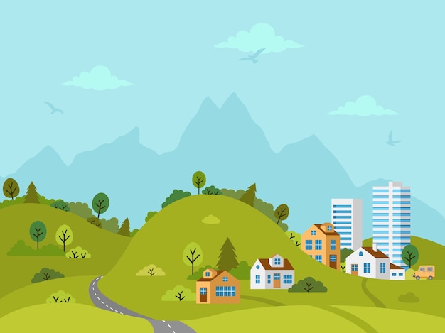 Rural hilly landscape with houses, buildings, green hills, trees and road. Flat design,  illustration.