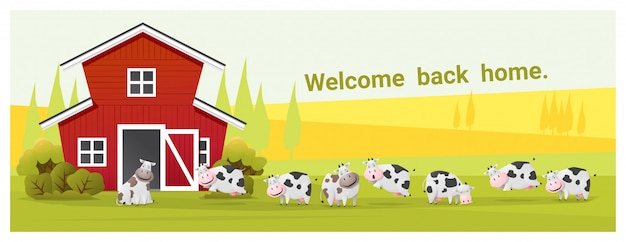 Rural landscape and farm animal background with cows