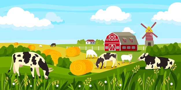 Rural landscape farm cow composition village with cows barn and mill the in background vector illustration