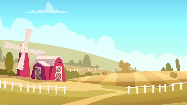 Vector rural landscape windmill and house in village vector cartoon background