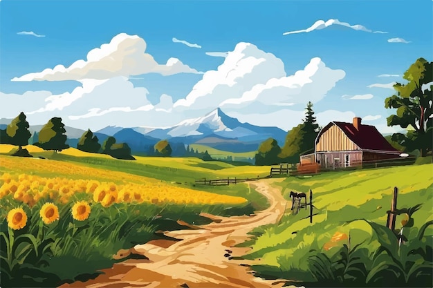 Vector rural landscape with field summer rural landscape illustration beautiful farm landscape