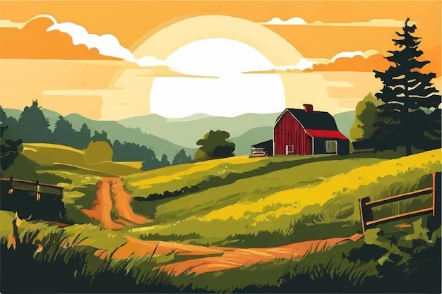 Vector rural landscape with field summer rural landscape illustration beautiful farm landscape