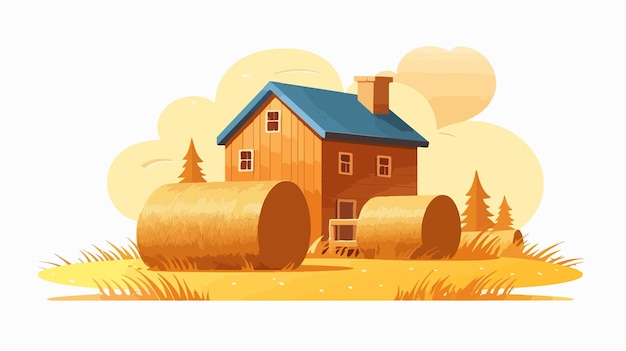 Vector rural landscape with hay bales and house vector illustration